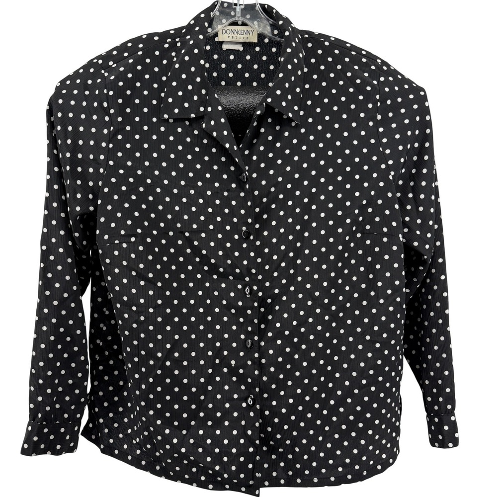 Donnkenny Petite Black White Polka Dot Button Down Blouse Long Sleeve Top